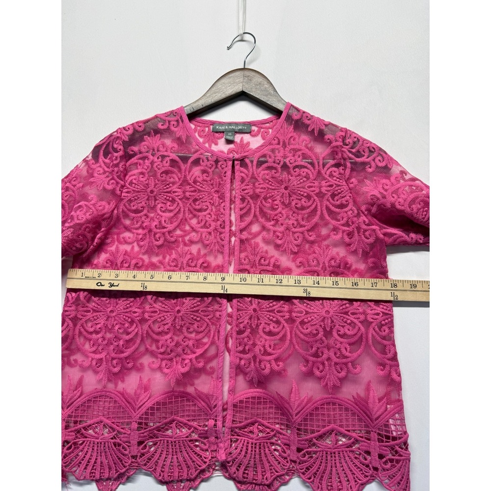 Kate & Mallory Mesh Blouse Top Womens XS Pink Embroidered Lace Sheer 3/4 Sleeve - Picture 6 of 9